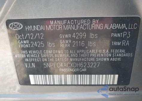 2013 Hyundai Sonata Se from USA, damaged, VIN 5NPEC4ACXDH623227